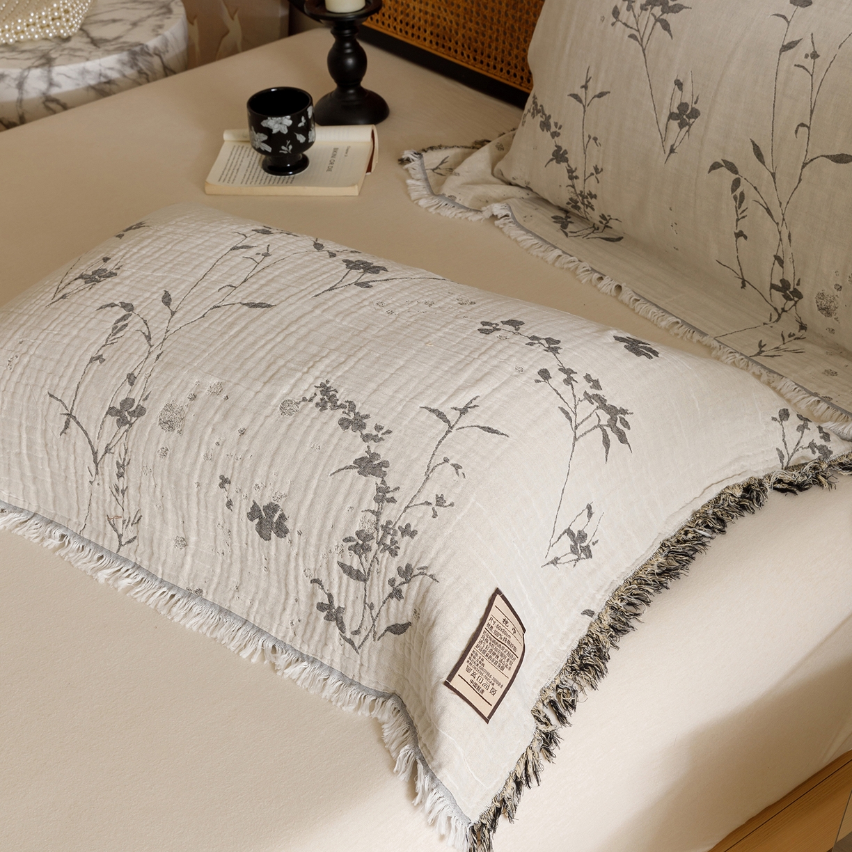 91家纺网 家纺一手货源 找家纺 朴尔家纺-毛巾被 2026新款全棉流苏巨大尺寸60S纱布枕巾 兰草情