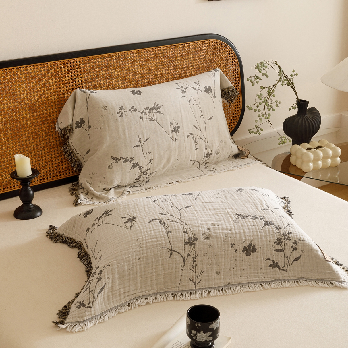 91家纺网 家纺一手货源 找家纺 朴尔家纺-毛巾被 2026新款全棉流苏巨大尺寸60S纱布枕巾 兰草情