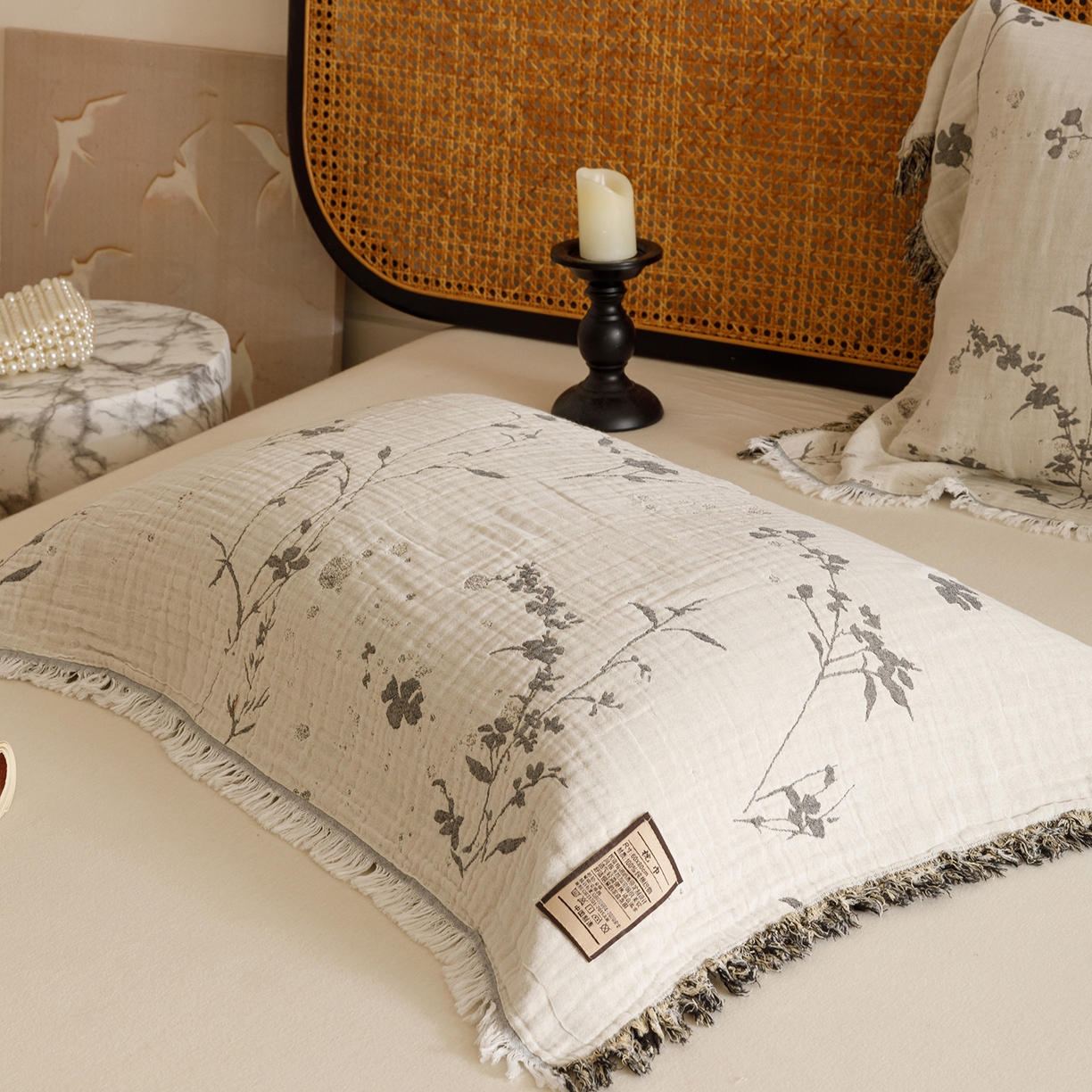 91家纺网 家纺一手货源 找家纺 朴尔家纺-毛巾被 2026新款全棉流苏巨大尺寸60S纱布枕巾 兰草情