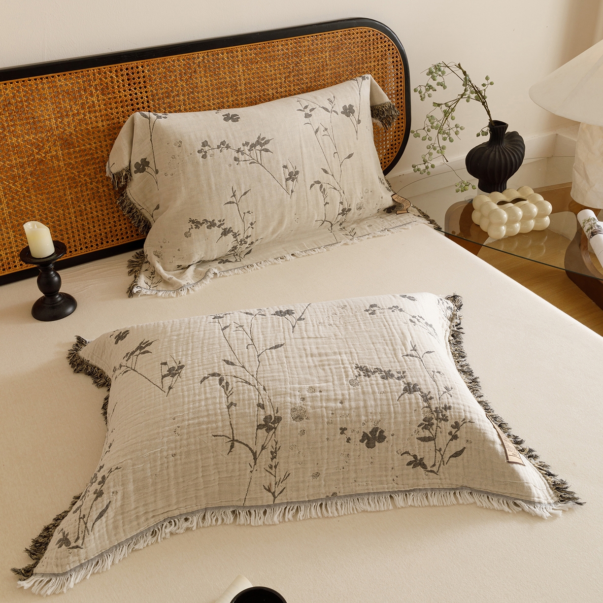 91家纺网 家纺一手货源 找家纺 朴尔家纺-毛巾被 2026新款全棉流苏巨大尺寸60S纱布枕巾 兰草情