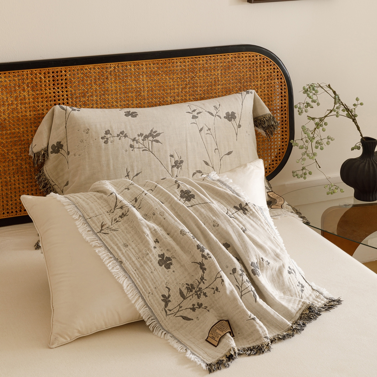 91家纺网 家纺一手货源 找家纺 朴尔家纺-毛巾被 2026新款全棉流苏巨大尺寸60S纱布枕巾 兰草情