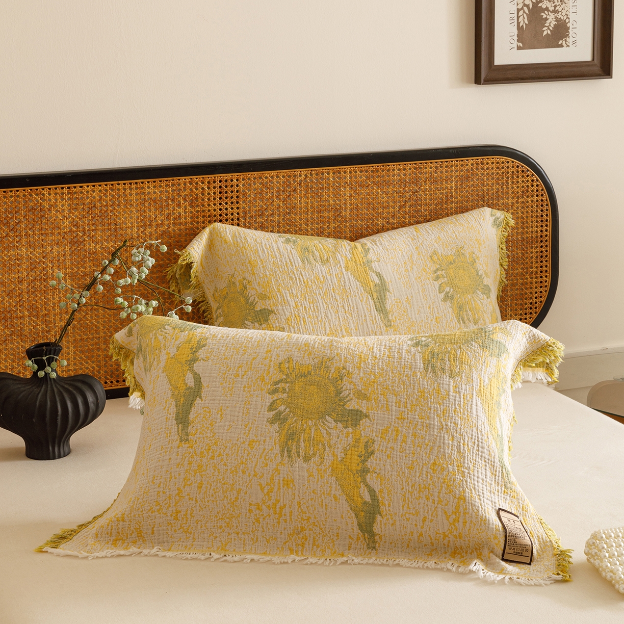 91家纺网 家纺一手货源 找家纺 朴尔家纺-毛巾被 2026新款全棉流苏巨大尺寸60S纱布枕巾 暖阳-黄