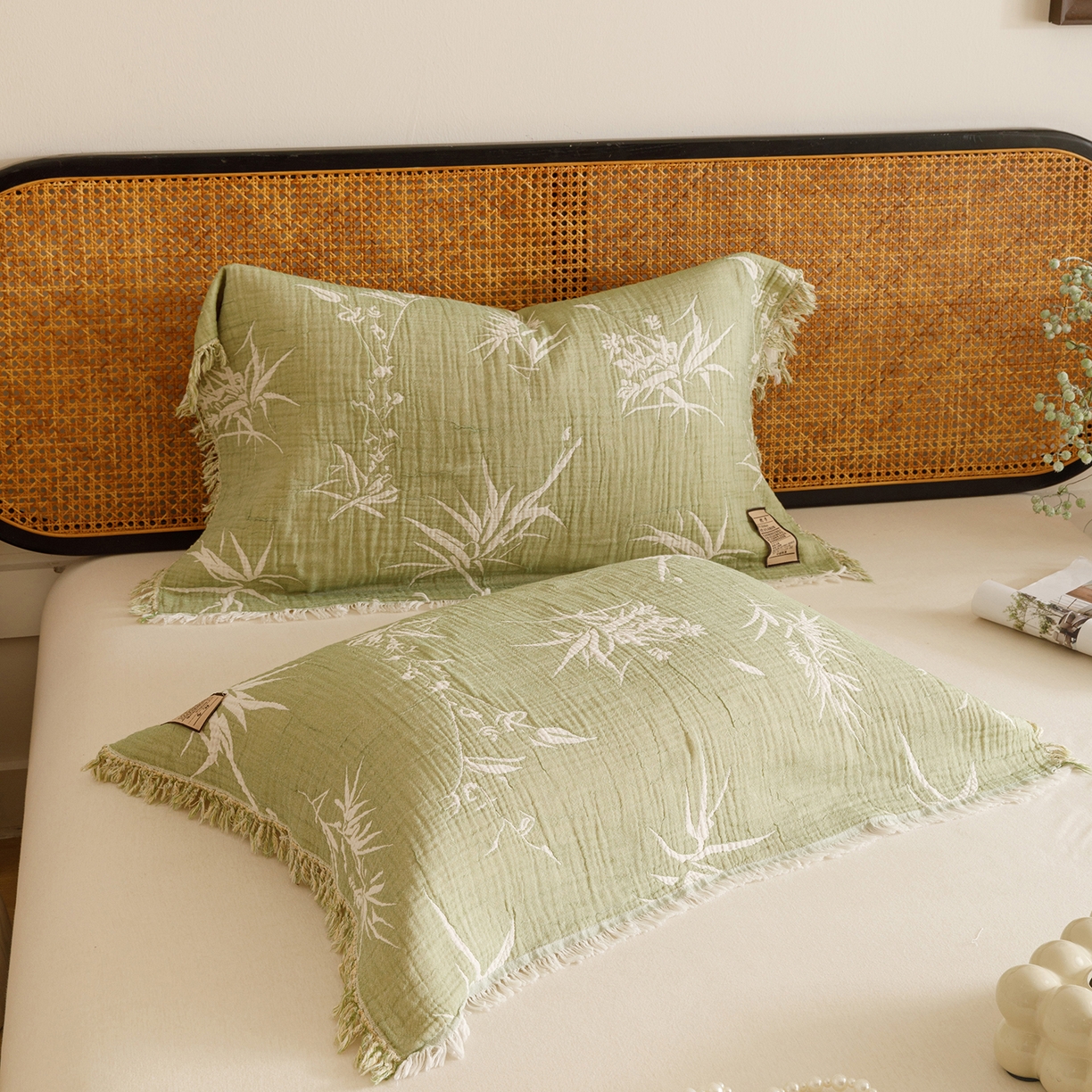 朴尔家纺-毛巾被 2026新款全棉流苏巨大尺寸60S纱布枕巾 竹意