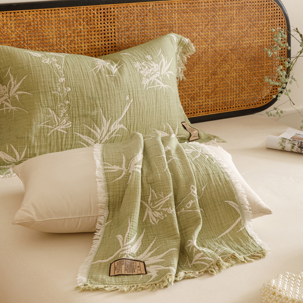 91家纺网 家纺一手货源 找家纺 朴尔家纺-毛巾被 2026新款全棉流苏巨大尺寸60S纱布枕巾 竹意