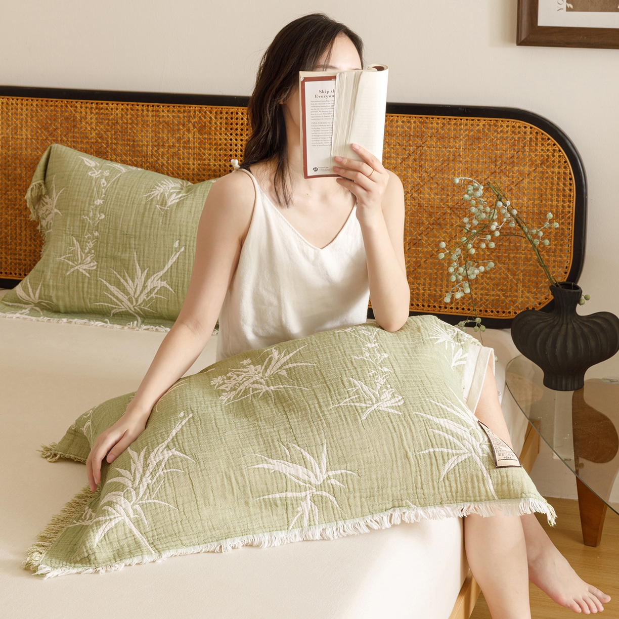 91家纺网 家纺一手货源 找家纺 朴尔家纺-毛巾被 2026新款全棉流苏巨大尺寸60S纱布枕巾 竹意