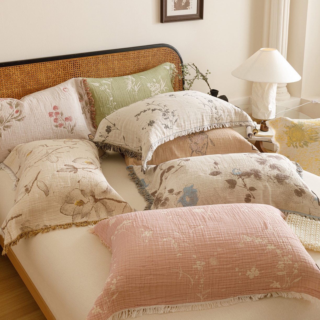 91家纺网 家纺一手货源 找家纺 朴尔家纺-毛巾被 2026新款全棉流苏巨大尺寸60S纱布枕巾 组合图