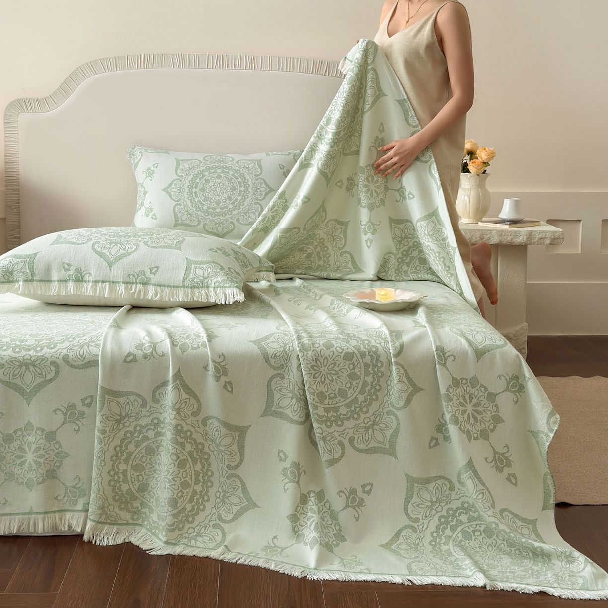 91家纺网 家纺一手货源 找家纺 （总）朴尔家纺-毛巾被 2026新款长绒棉100s贡缎丝光棉纯棉流苏纱布毛巾被三件套