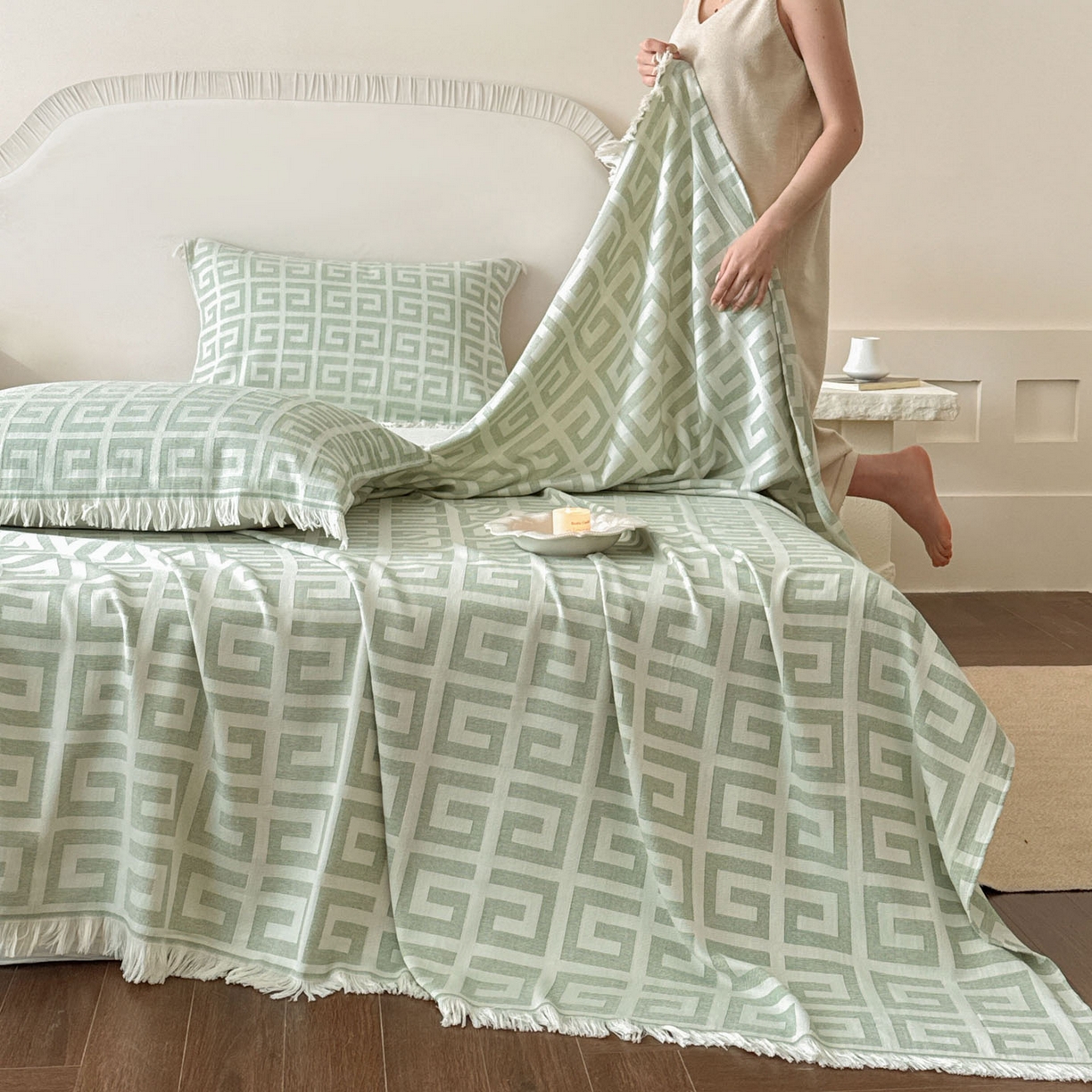 朴尔家纺-毛巾被 2026新款长绒棉100s贡缎丝光棉纯棉流苏纱布毛巾被三件套 巴宝方格-绿