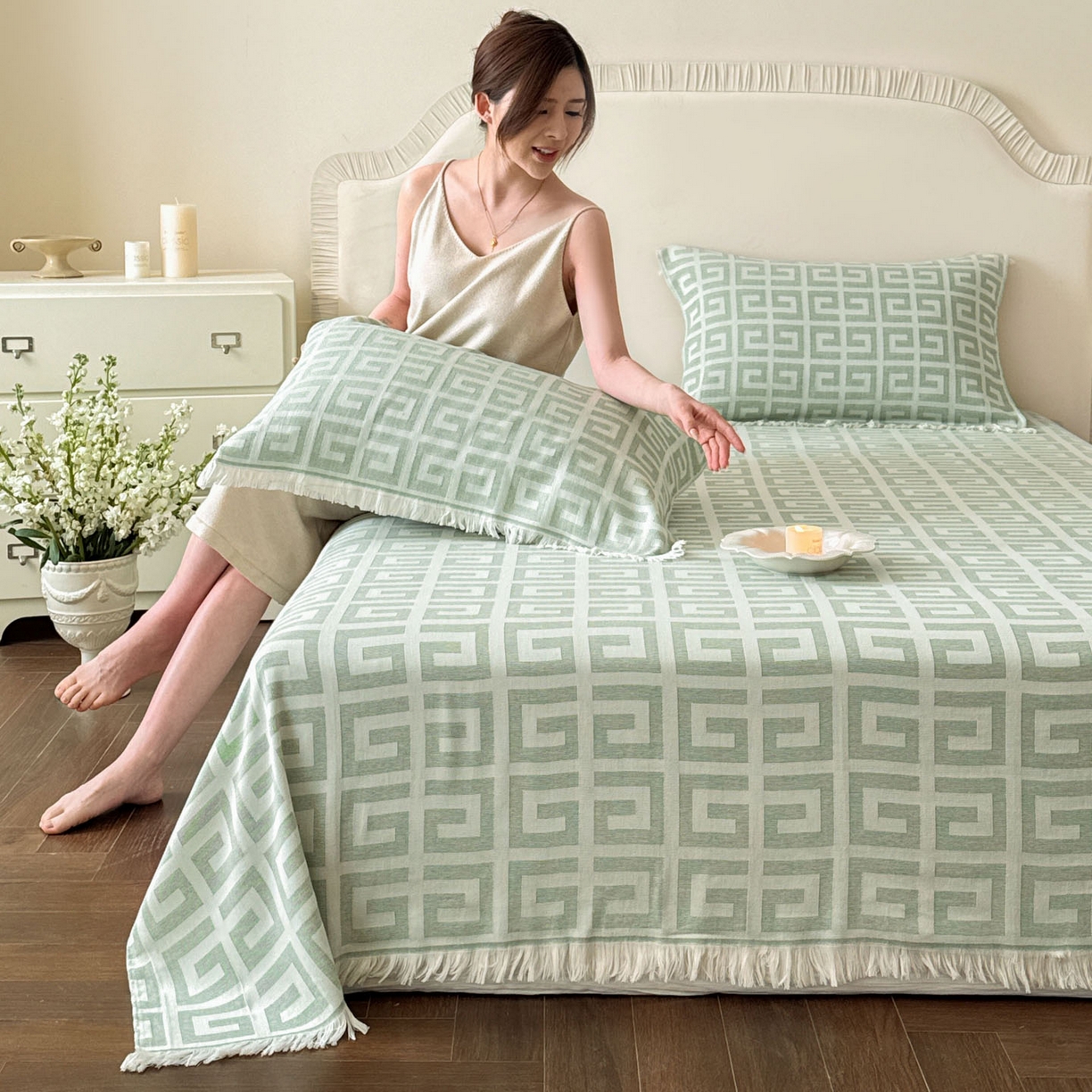 91家纺网 家纺一手货源 找家纺 朴尔家纺-毛巾被 2026新款长绒棉100s贡缎丝光棉纯棉流苏纱布毛巾被三件套 巴宝方格-绿