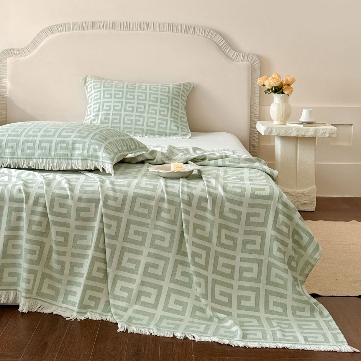 91家纺网 家纺一手货源 找家纺 朴尔家纺-毛巾被 2026新款长绒棉100s贡缎丝光棉纯棉流苏纱布毛巾被三件套 巴宝方格-绿