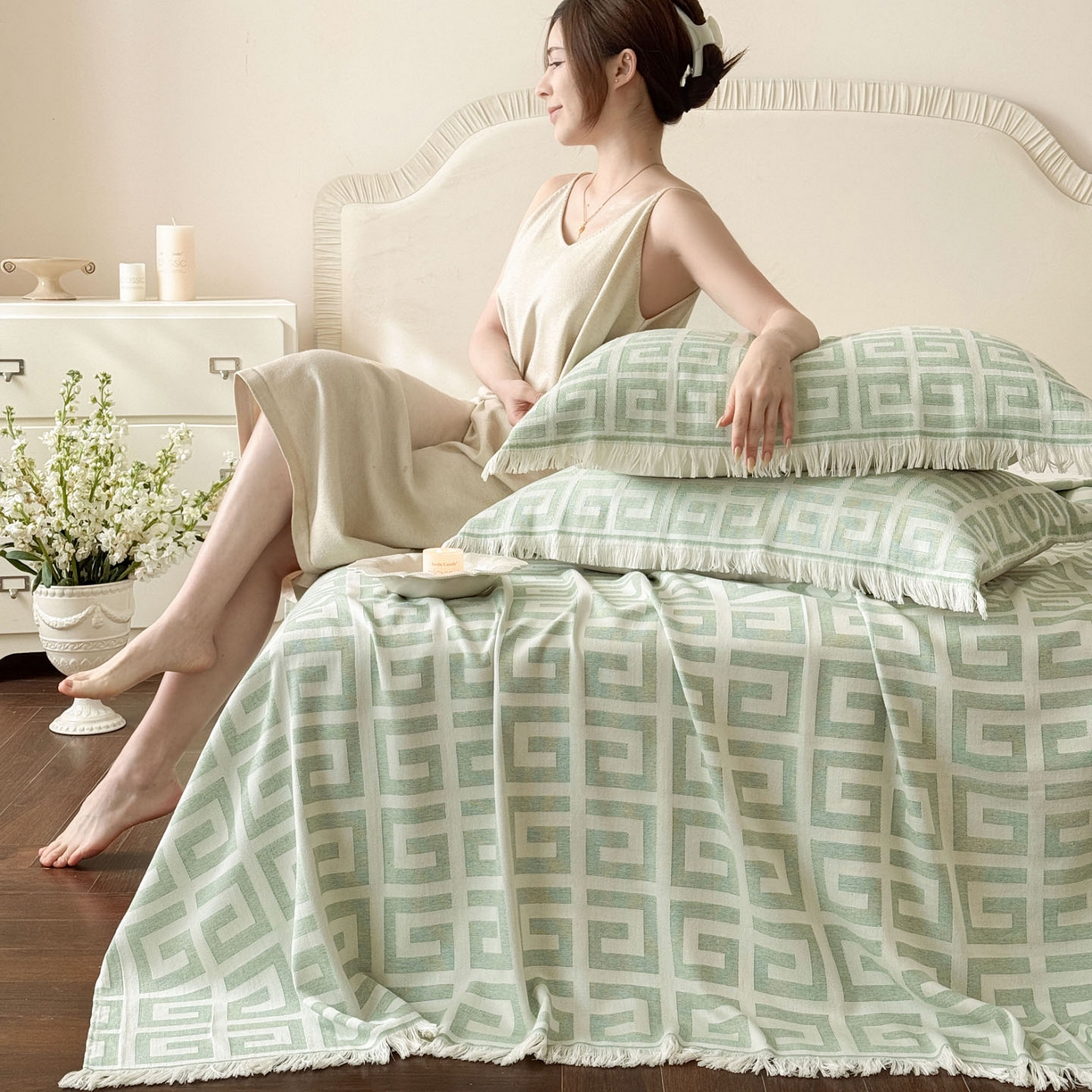 91家纺网 家纺一手货源 找家纺 朴尔家纺-毛巾被 2026新款长绒棉100s贡缎丝光棉纯棉流苏纱布毛巾被三件套 巴宝方格-绿