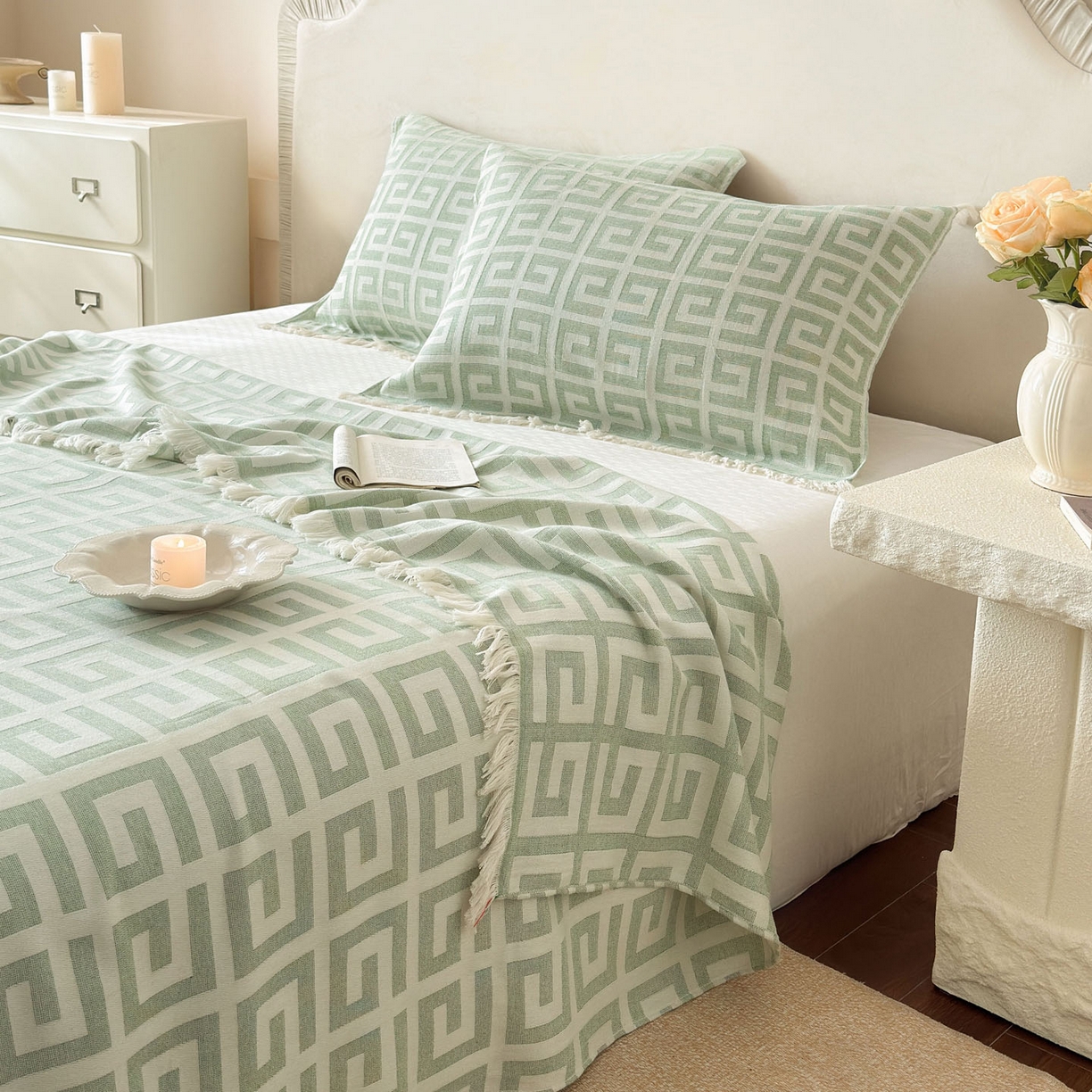 91家纺网 家纺一手货源 找家纺 朴尔家纺-毛巾被 2026新款长绒棉100s贡缎丝光棉纯棉流苏纱布毛巾被三件套 巴宝方格-绿