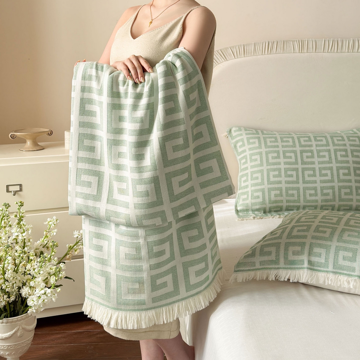 91家纺网 家纺一手货源 找家纺 朴尔家纺-毛巾被 2026新款长绒棉100s贡缎丝光棉纯棉流苏纱布毛巾被三件套 巴宝方格-绿