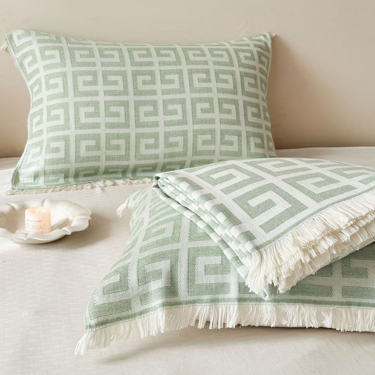 91家纺网 家纺一手货源 找家纺 朴尔家纺-毛巾被 2026新款长绒棉100s贡缎丝光棉纯棉流苏纱布毛巾被三件套 巴宝方格-绿