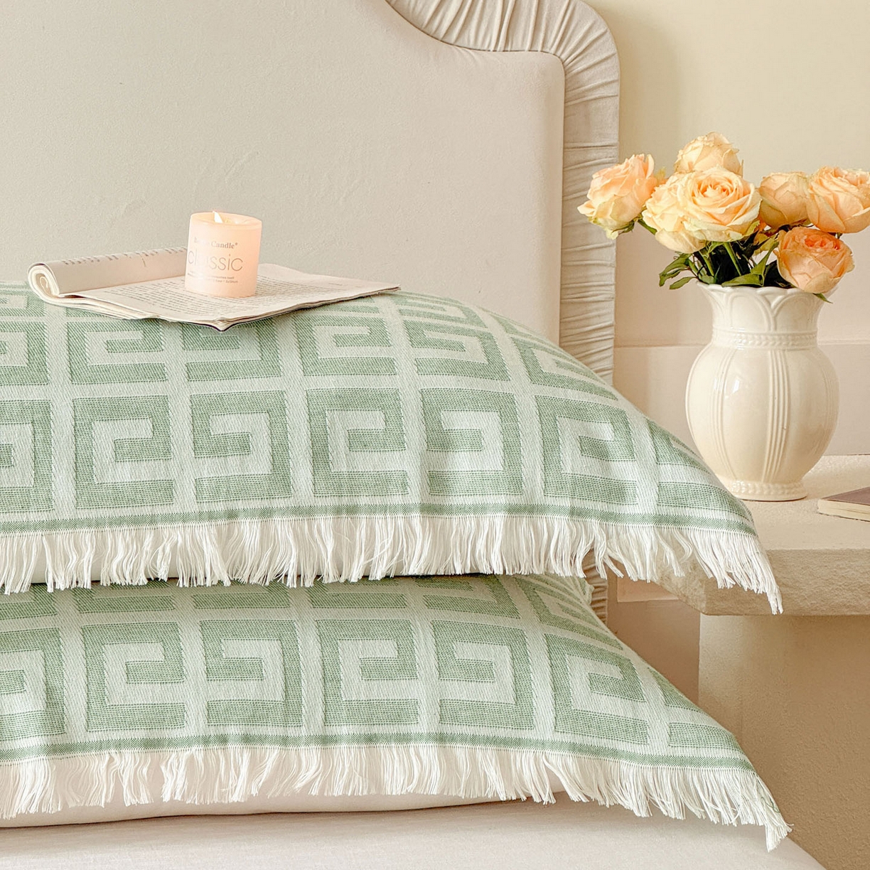 91家纺网 家纺一手货源 找家纺 朴尔家纺-毛巾被 2026新款长绒棉100s贡缎丝光棉纯棉流苏纱布毛巾被三件套 巴宝方格-绿