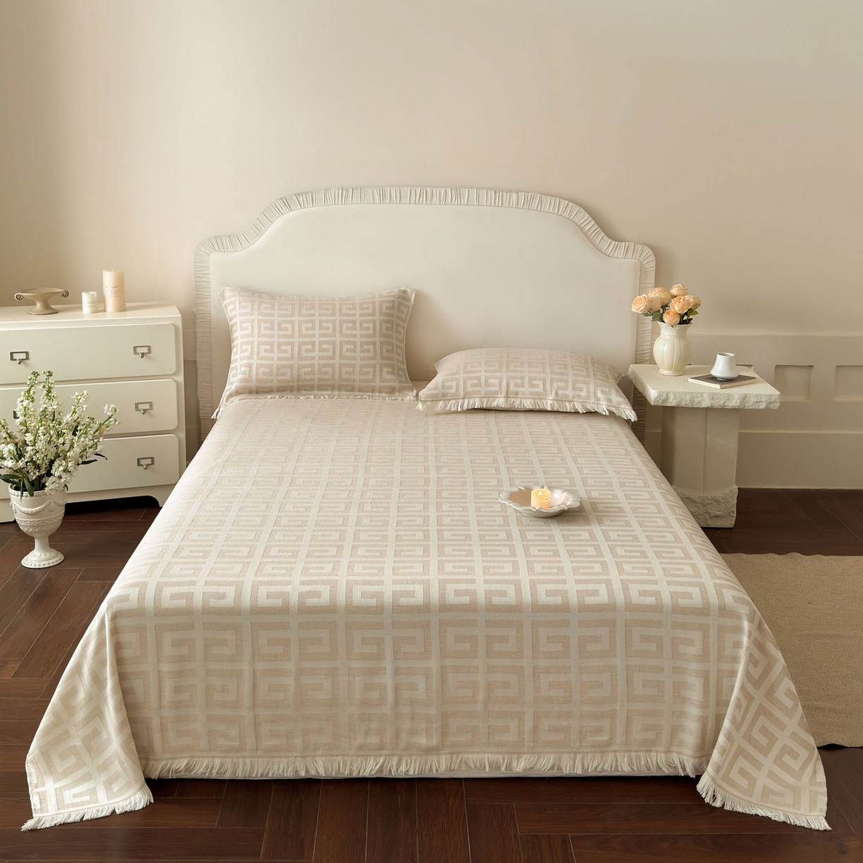 91家纺网 家纺一手货源 找家纺 朴尔家纺-毛巾被 2026新款长绒棉100s贡缎丝光棉纯棉流苏纱布毛巾被三件套 巴宝方格-驼