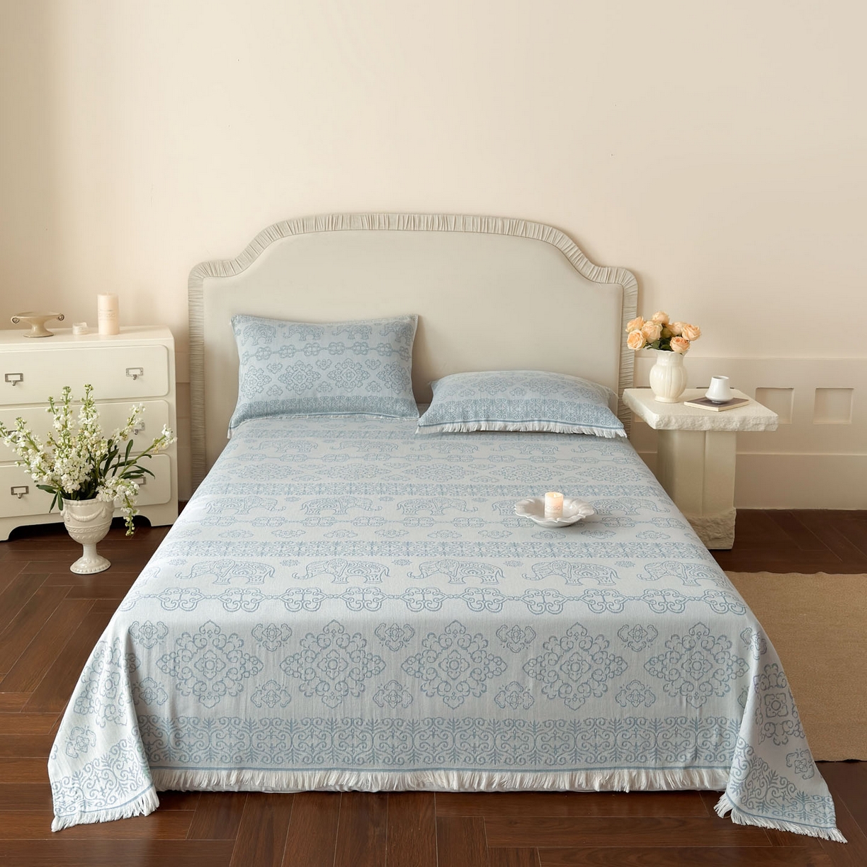 91家纺网 家纺一手货源 找家纺 朴尔家纺-毛巾被 2026新款长绒棉100s贡缎丝光棉纯棉流苏纱布毛巾被三件套 皇室吉象-蓝