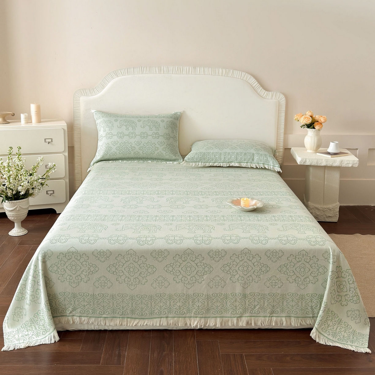 91家纺网 家纺一手货源 找家纺 朴尔家纺-毛巾被 2026新款长绒棉100s贡缎丝光棉纯棉流苏纱布毛巾被三件套 皇室吉象-绿