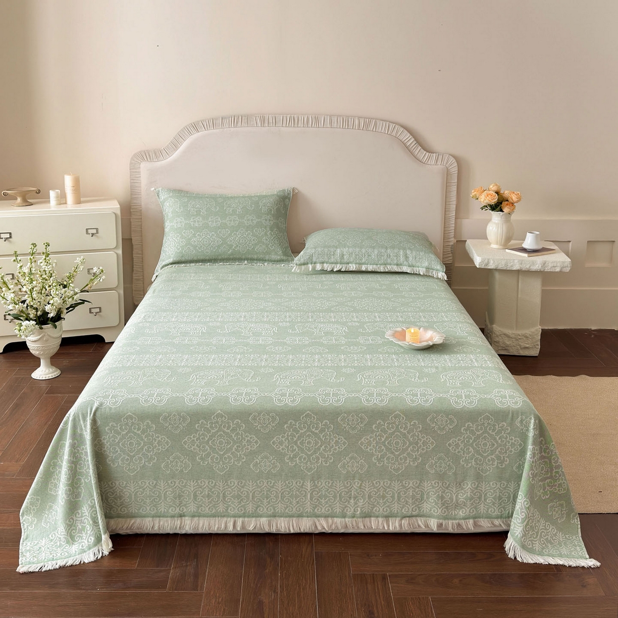 91家纺网 家纺一手货源 找家纺 朴尔家纺-毛巾被 2026新款长绒棉100s贡缎丝光棉纯棉流苏纱布毛巾被三件套 皇室吉象-绿