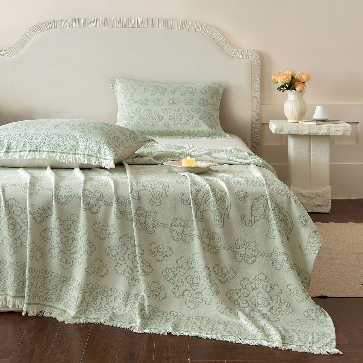 91家纺网 家纺一手货源 找家纺 朴尔家纺-毛巾被 2026新款长绒棉100s贡缎丝光棉纯棉流苏纱布毛巾被三件套 皇室吉象-绿