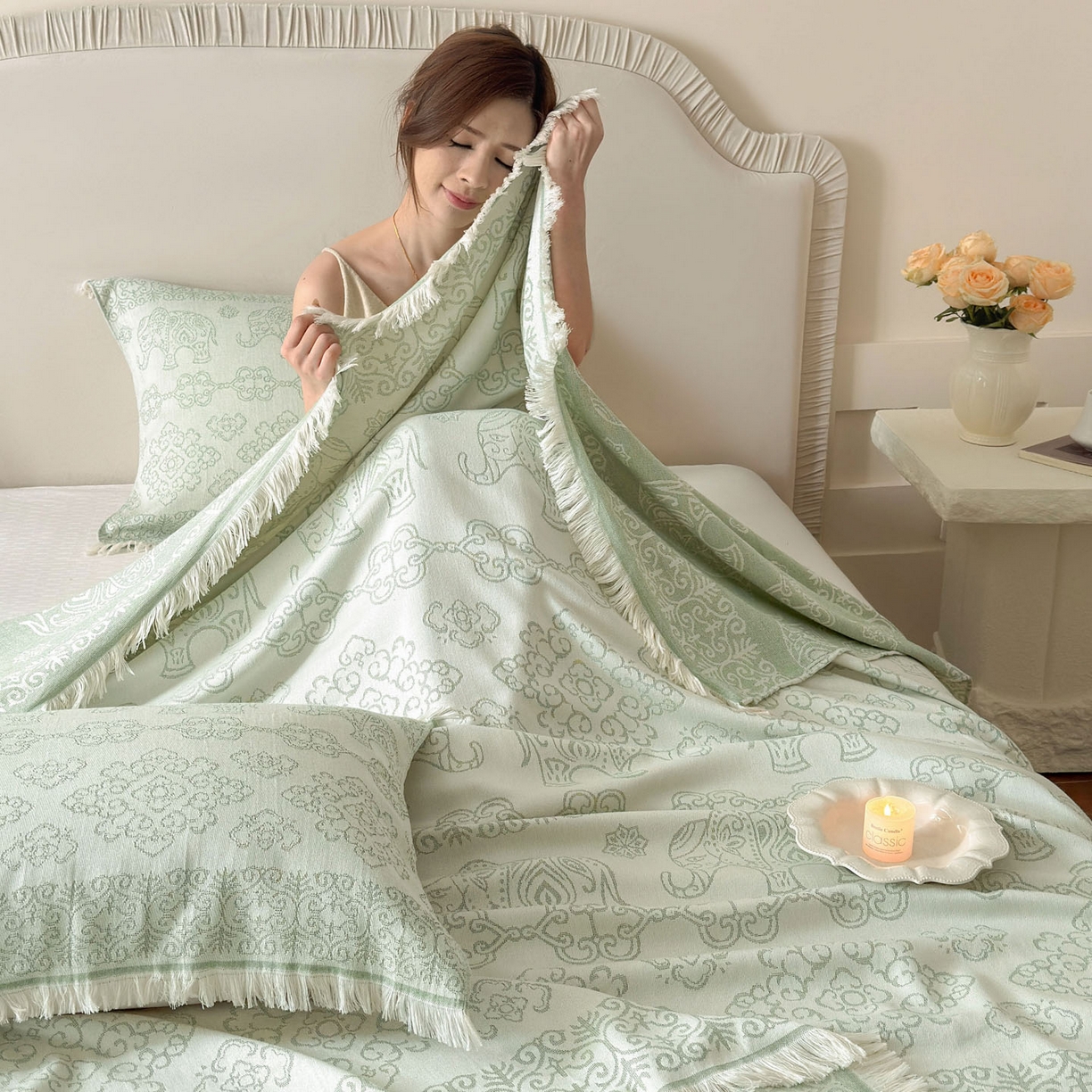 91家纺网 家纺一手货源 找家纺 朴尔家纺-毛巾被 2026新款长绒棉100s贡缎丝光棉纯棉流苏纱布毛巾被三件套 皇室吉象-绿
