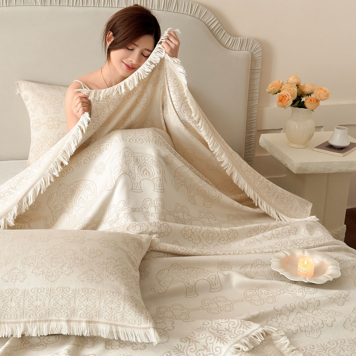 91家纺网 家纺一手货源 找家纺 朴尔家纺-毛巾被 2026新款长绒棉100s贡缎丝光棉纯棉流苏纱布毛巾被三件套 皇室吉象-驼