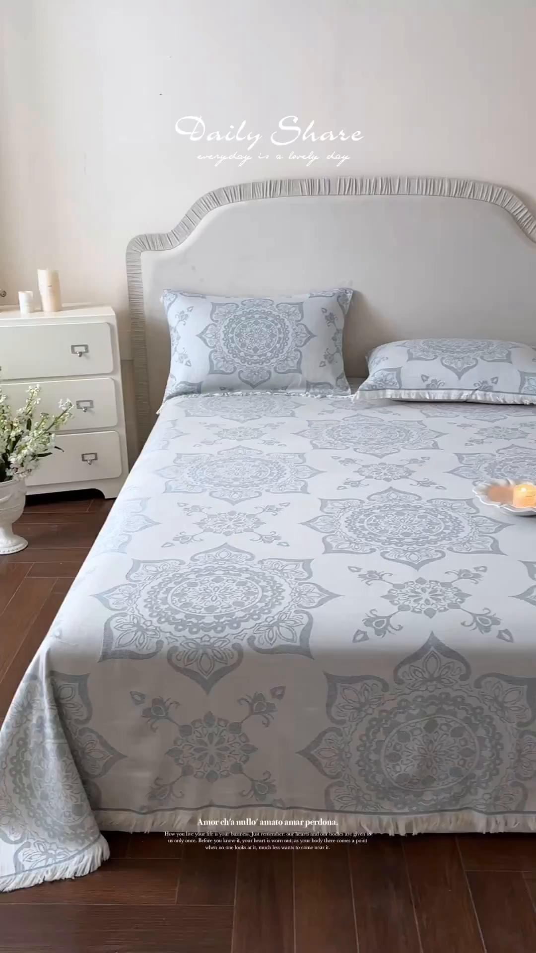 91家纺网 家纺一手货源 找家纺 朴尔家纺-毛巾被 2026新款长绒棉100s贡缎丝光棉纯棉流苏纱布毛巾被三件套 优雅欧纹-蓝