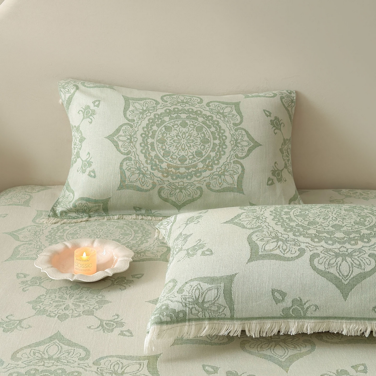 91家纺网 家纺一手货源 找家纺 朴尔家纺-毛巾被 2026新款长绒棉100s贡缎丝光棉纯棉流苏纱布毛巾被三件套 优雅欧纹-绿