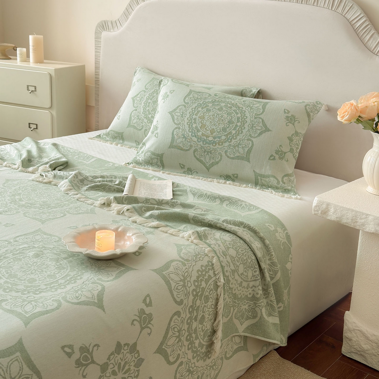 91家纺网 家纺一手货源 找家纺 朴尔家纺-毛巾被 2026新款长绒棉100s贡缎丝光棉纯棉流苏纱布毛巾被三件套 优雅欧纹-绿