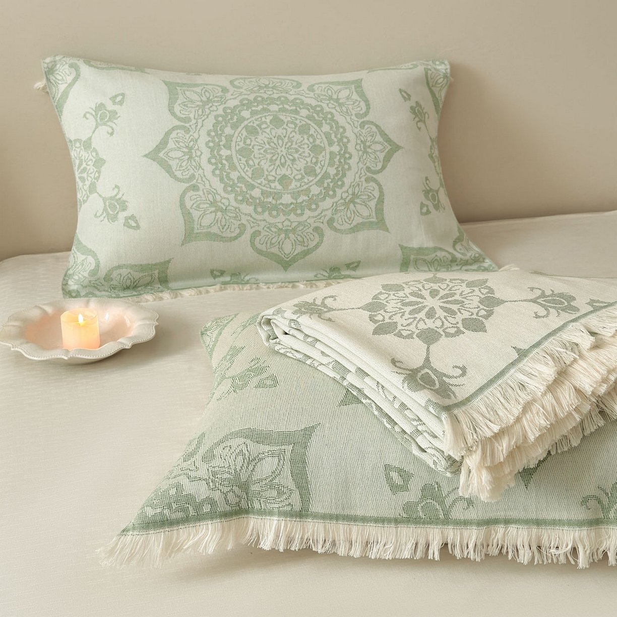 91家纺网 家纺一手货源 找家纺 朴尔家纺-毛巾被 2026新款长绒棉100s贡缎丝光棉纯棉流苏纱布毛巾被三件套 优雅欧纹-绿