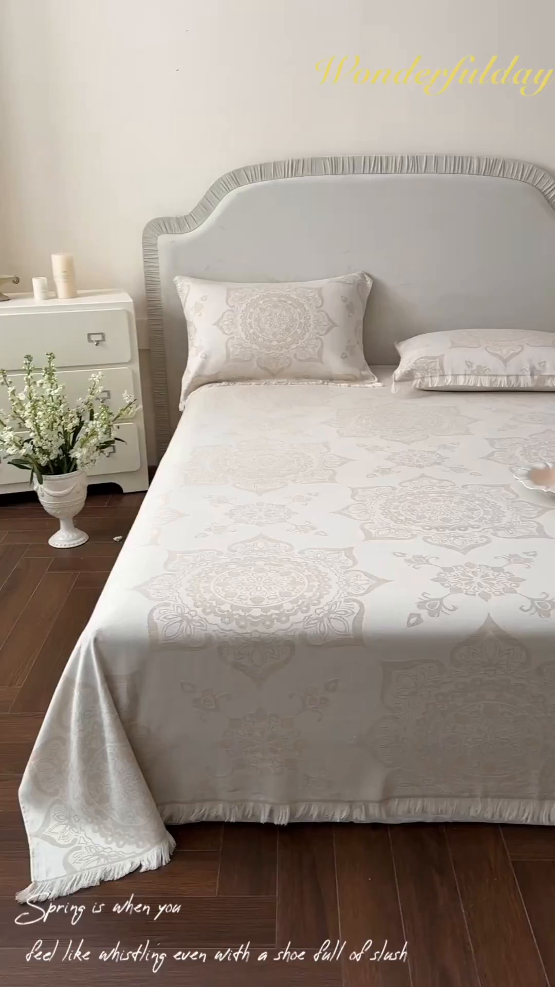 91家纺网 家纺一手货源 找家纺 朴尔家纺-毛巾被 2026新款长绒棉100s贡缎丝光棉纯棉流苏纱布毛巾被三件套 优雅欧纹-驼