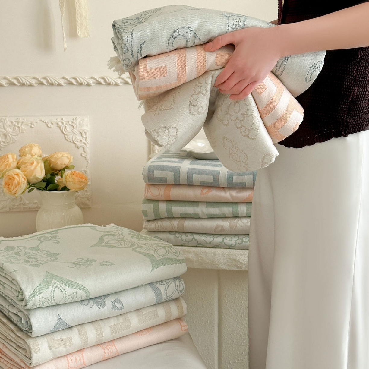 朴尔家纺-毛巾被 2026新款长绒棉100s贡缎丝光棉纯棉流苏纱布毛巾被三件套 组合图