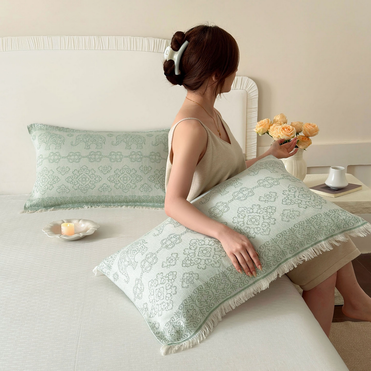 91家纺网 家纺一手货源 找家纺 （总）朴尔家纺-毛巾被 2026新款长绒棉100s贡缎丝光棉纯棉流苏纱布枕巾