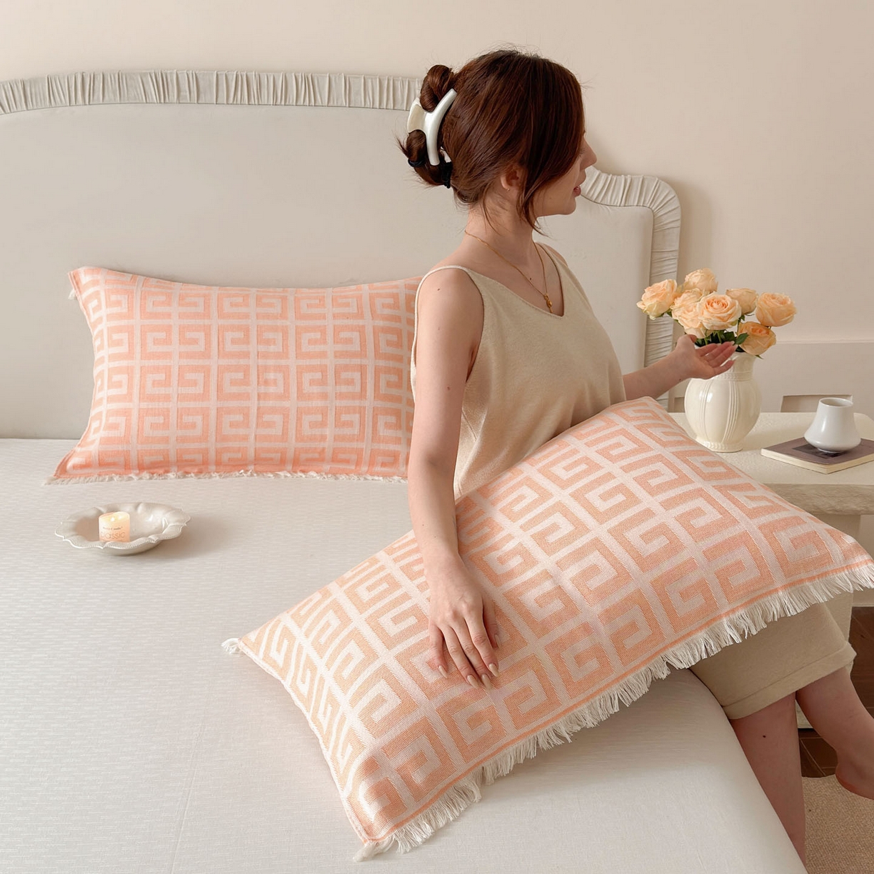 朴尔家纺-毛巾被 2026新款长绒棉100s贡缎丝光棉纯棉流苏纱布枕巾 巴宝方格-橙粉