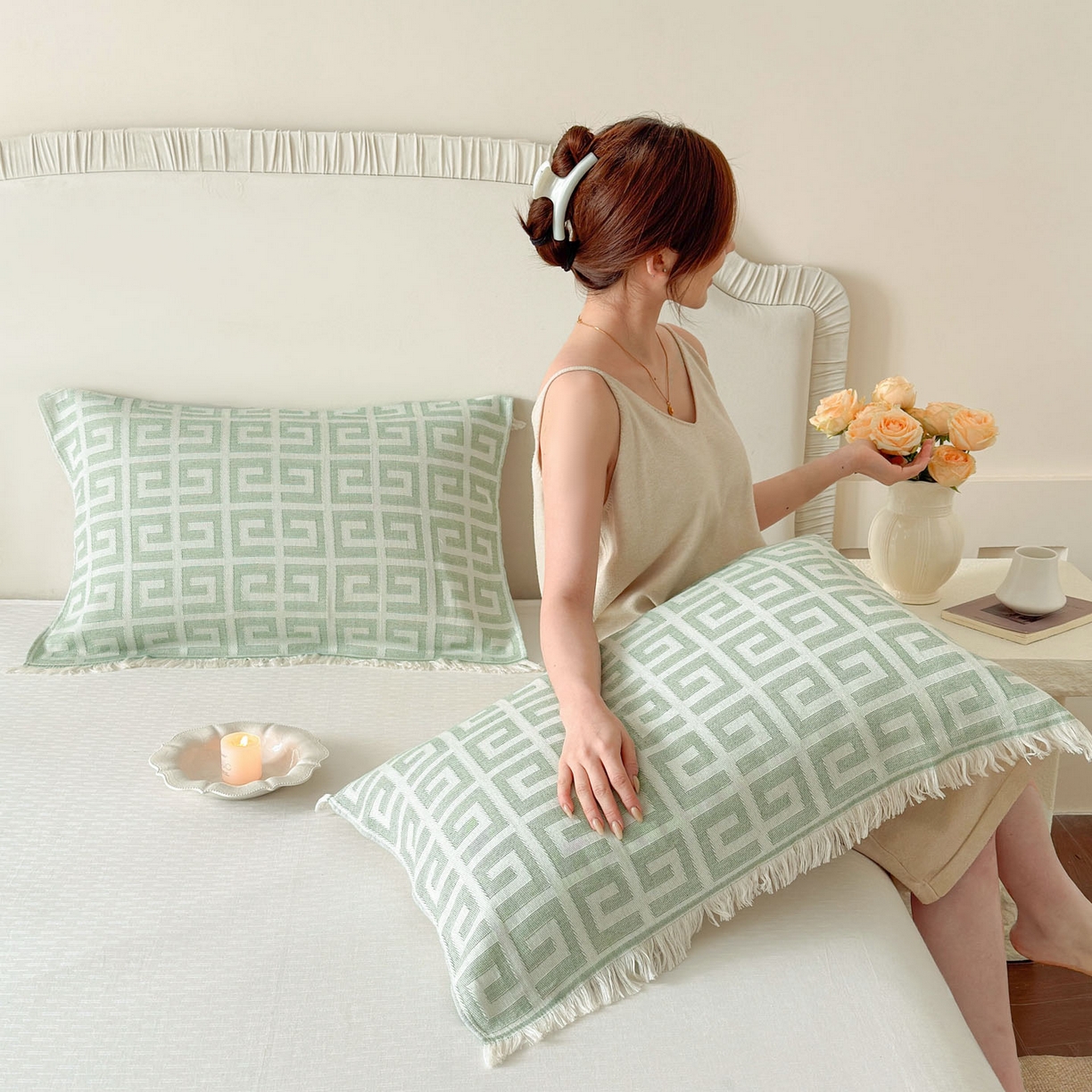 朴尔家纺-毛巾被 2026新款长绒棉100s贡缎丝光棉纯棉流苏纱布枕巾 巴宝方格-绿