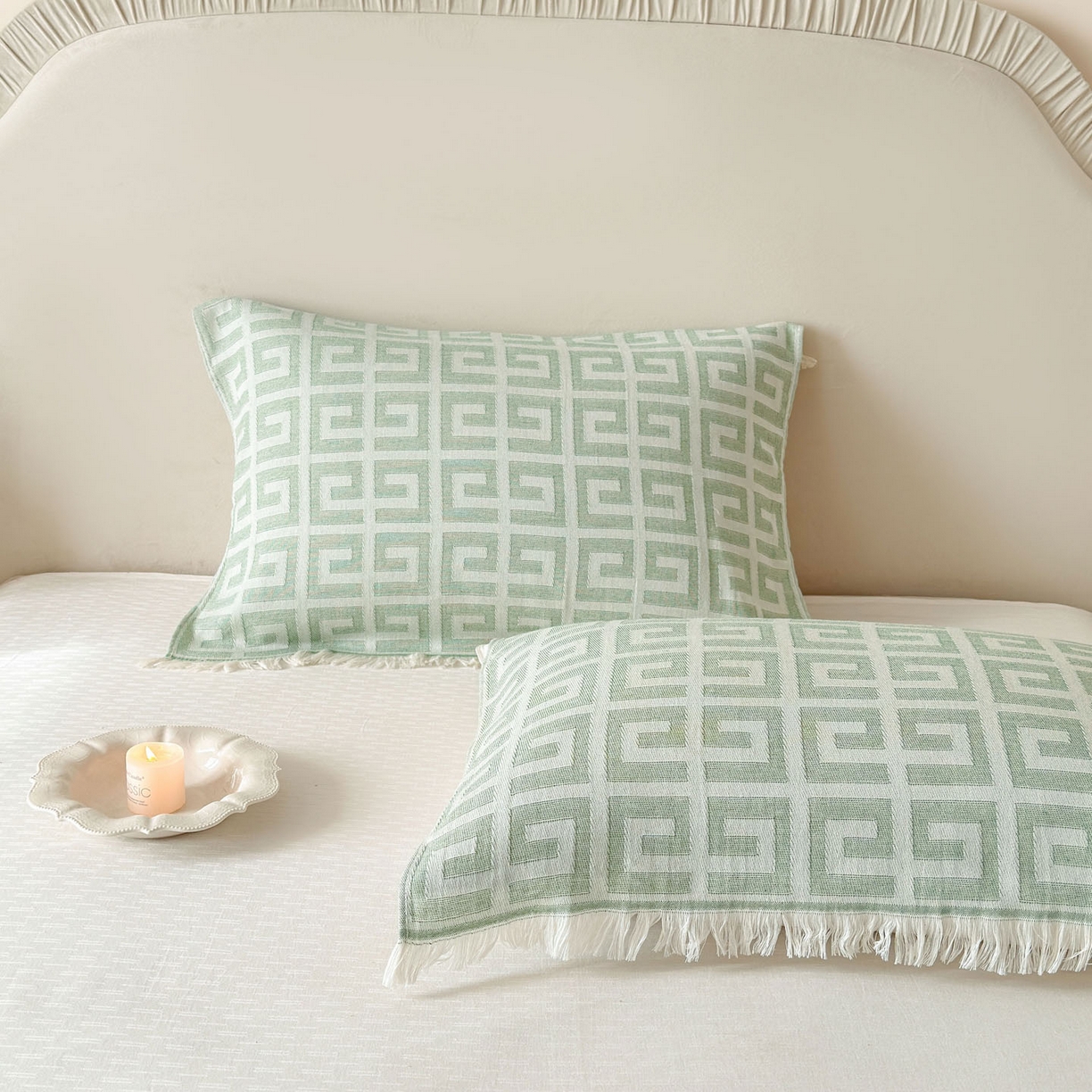 91家纺网 家纺一手货源 找家纺 朴尔家纺-毛巾被 2026新款长绒棉100s贡缎丝光棉纯棉流苏纱布枕巾 巴宝方格-绿