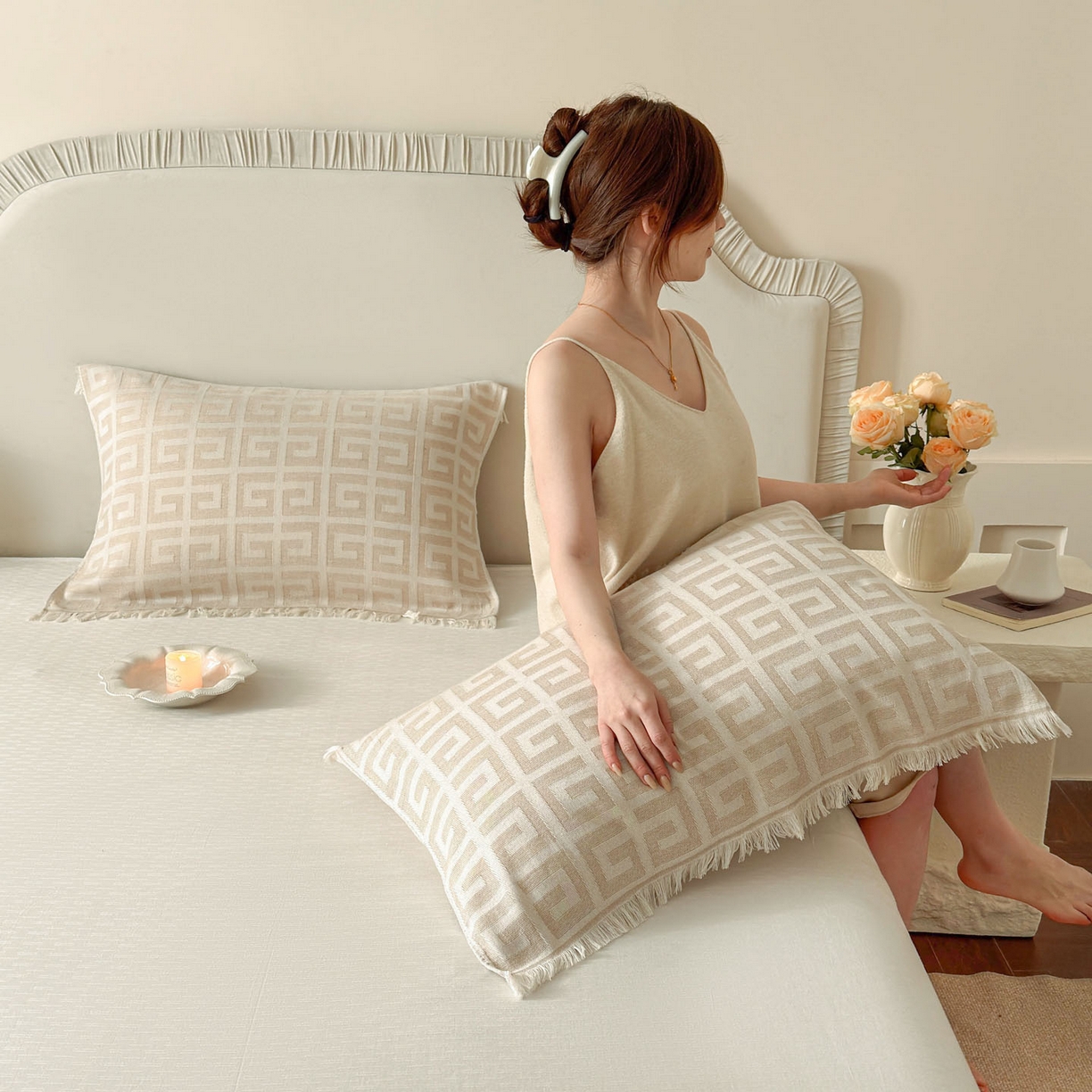 朴尔家纺-毛巾被 2026新款长绒棉100s贡缎丝光棉纯棉流苏纱布枕巾 巴宝方格-驼