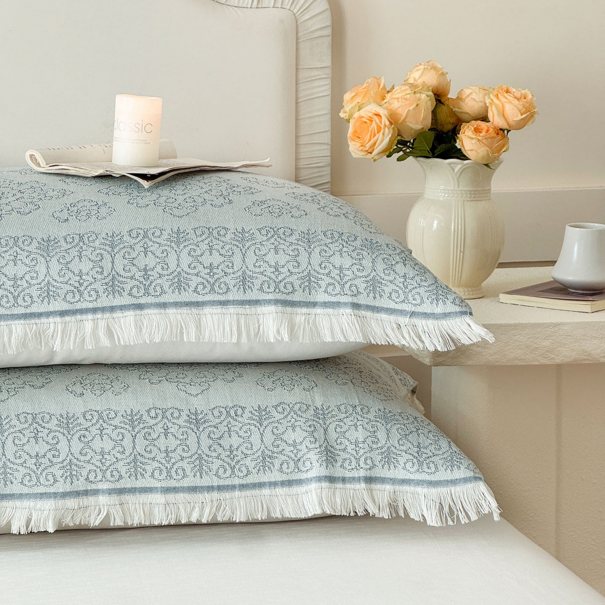 91家纺网 家纺一手货源 找家纺 朴尔家纺-毛巾被 2026新款长绒棉100s贡缎丝光棉纯棉流苏纱布枕巾 皇室吉象-蓝