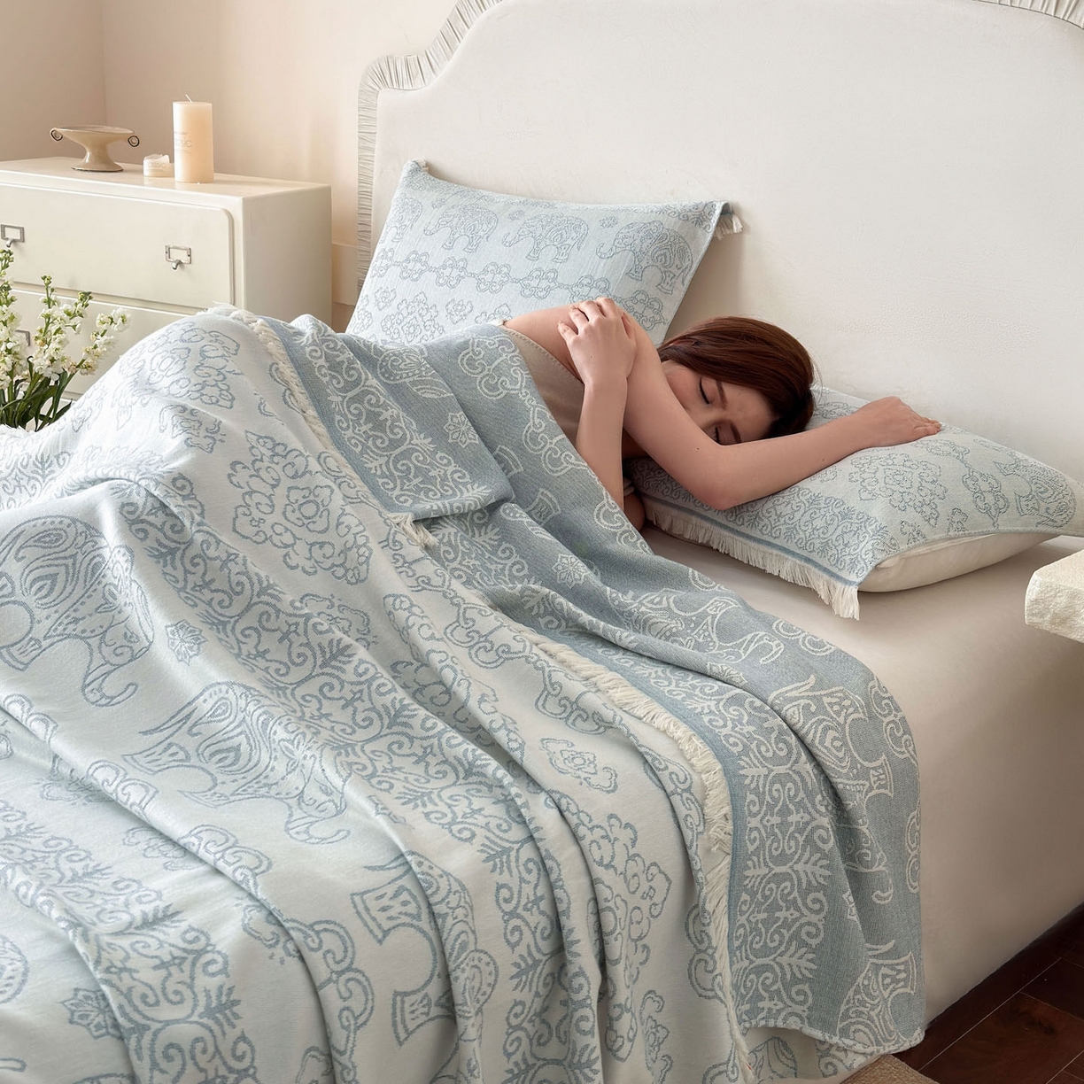 91家纺网 家纺一手货源 找家纺 朴尔家纺-毛巾被 2026新款长绒棉100s贡缎丝光棉纯棉流苏纱布枕巾 皇室吉象-蓝