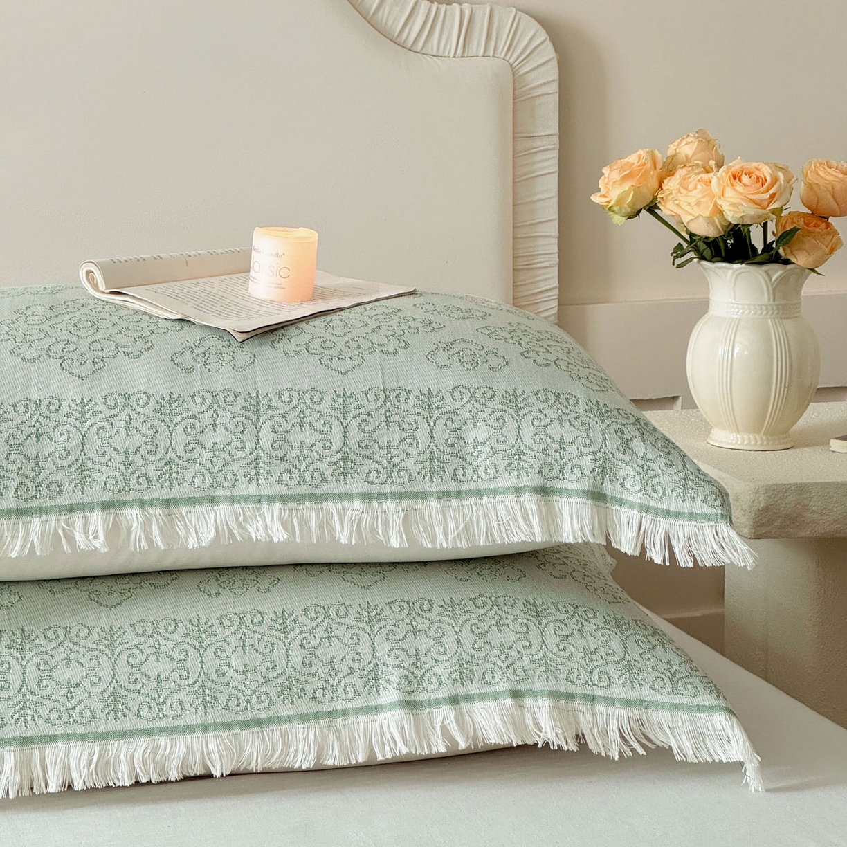 91家纺网 家纺一手货源 找家纺 朴尔家纺-毛巾被 2026新款长绒棉100s贡缎丝光棉纯棉流苏纱布枕巾 皇室吉象-绿