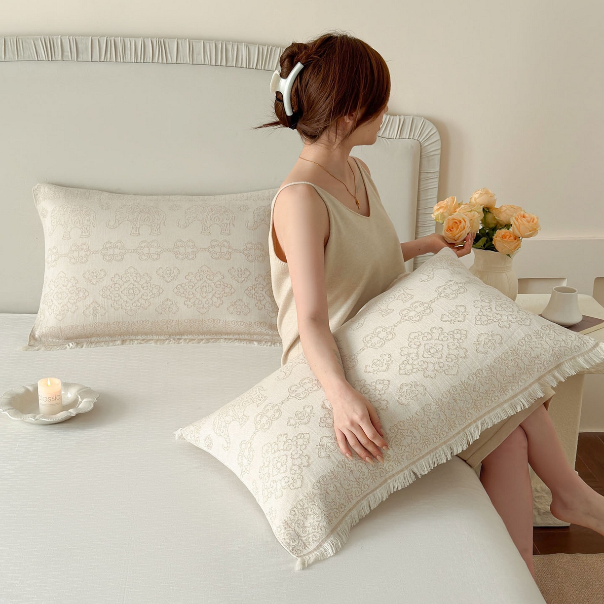 朴尔家纺-毛巾被 2026新款长绒棉100s贡缎丝光棉纯棉流苏纱布枕巾 皇室吉象-驼