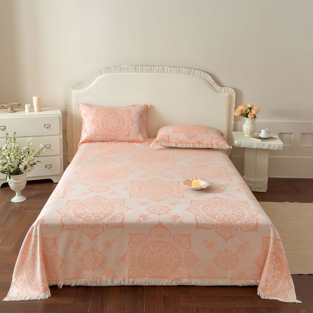 91家纺网 家纺一手货源 找家纺 朴尔家纺-毛巾被 2026新款长绒棉100s贡缎丝光棉纯棉流苏纱布枕巾 优雅欧纹-橙粉