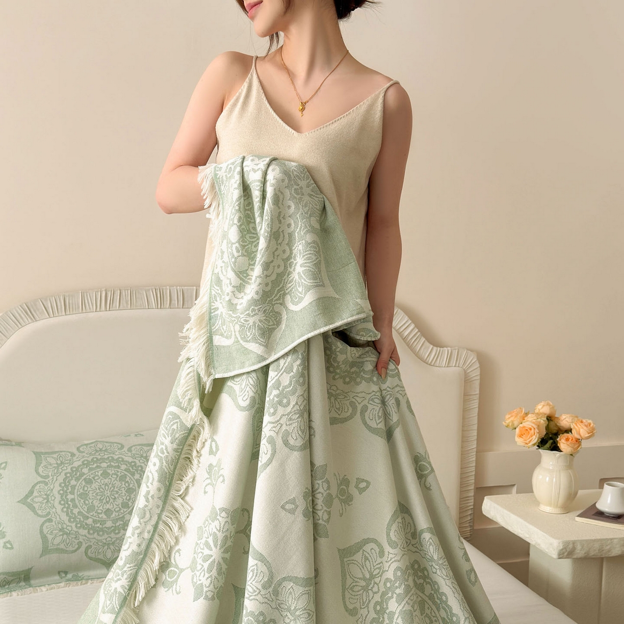 91家纺网 家纺一手货源 找家纺 朴尔家纺-毛巾被 2026新款长绒棉100s贡缎丝光棉纯棉流苏纱布枕巾 优雅欧纹-绿