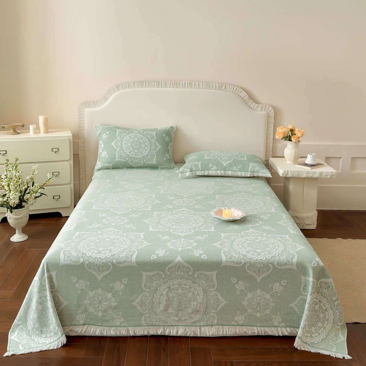 91家纺网 家纺一手货源 找家纺 朴尔家纺-毛巾被 2026新款长绒棉100s贡缎丝光棉纯棉流苏纱布枕巾 优雅欧纹-绿