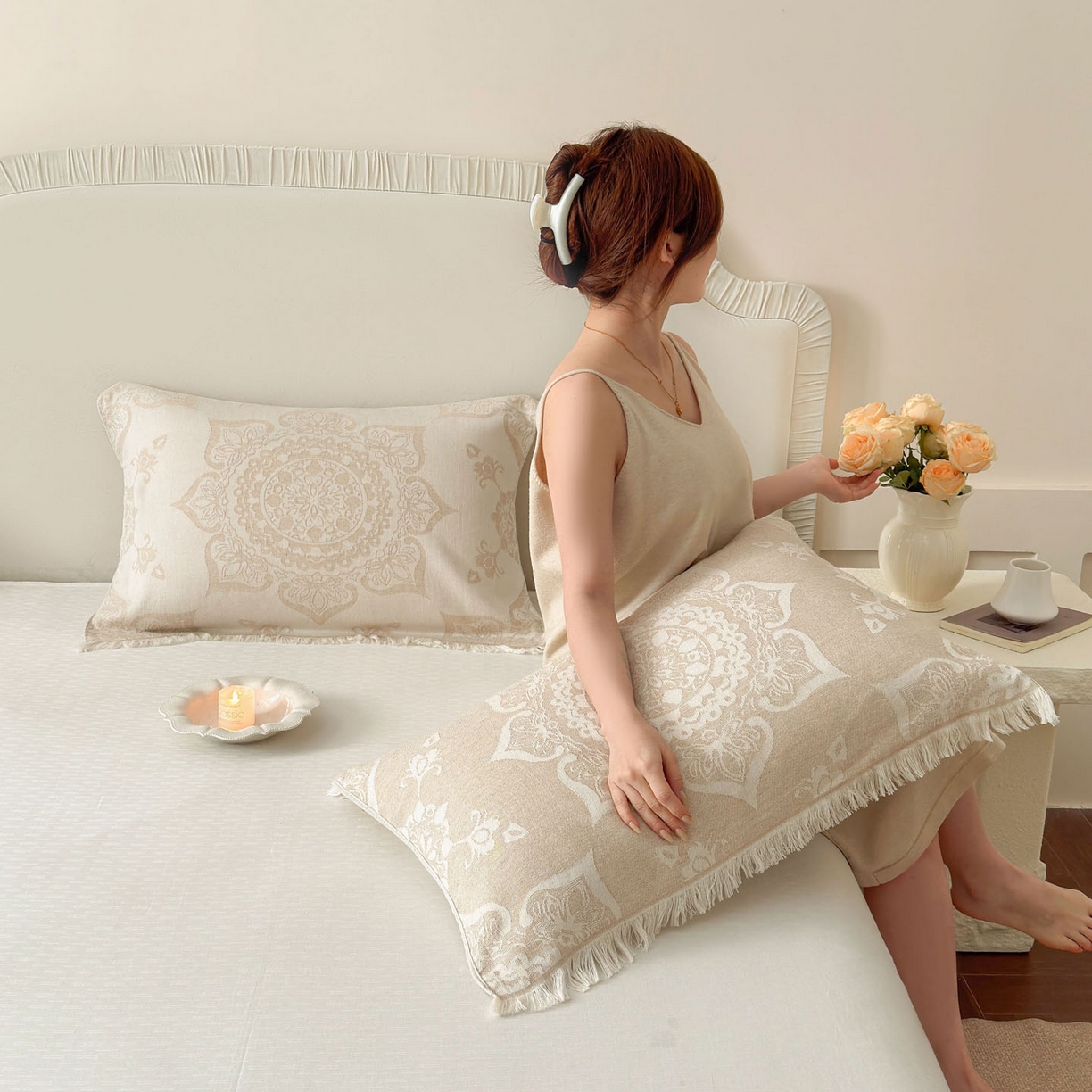 朴尔家纺-毛巾被 2026新款长绒棉100s贡缎丝光棉纯棉流苏纱布枕巾 优雅欧纹-驼