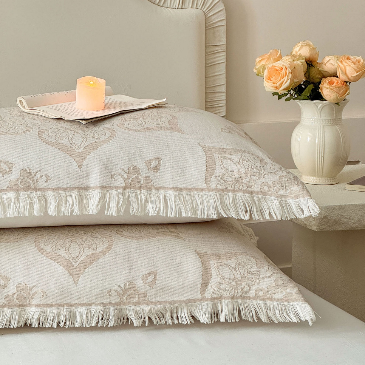 91家纺网 家纺一手货源 找家纺 朴尔家纺-毛巾被 2026新款长绒棉100s贡缎丝光棉纯棉流苏纱布枕巾 优雅欧纹-驼