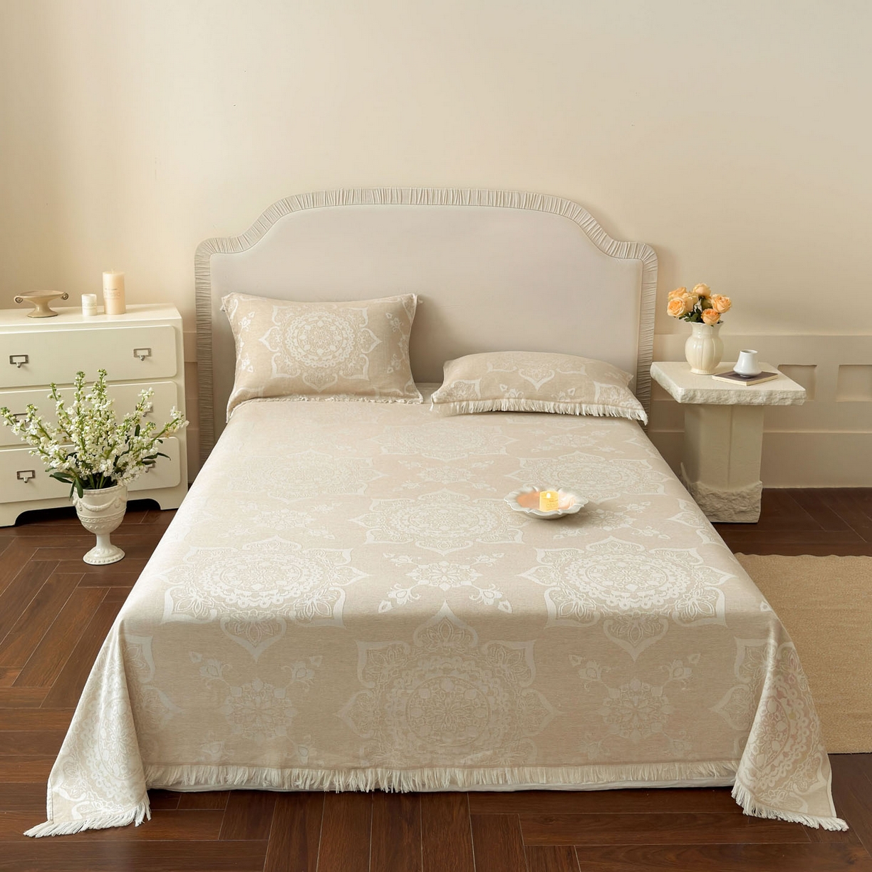 91家纺网 家纺一手货源 找家纺 朴尔家纺-毛巾被 2026新款长绒棉100s贡缎丝光棉纯棉流苏纱布枕巾 优雅欧纹-驼