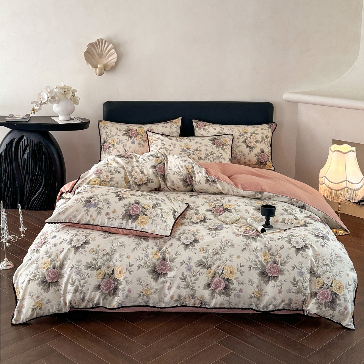 91家纺网 家纺一手货源 找家纺 （总）蓝邻家纺 2026年新款全棉纯棉棉麻法式复古田园风工艺款四件套系列-场景一