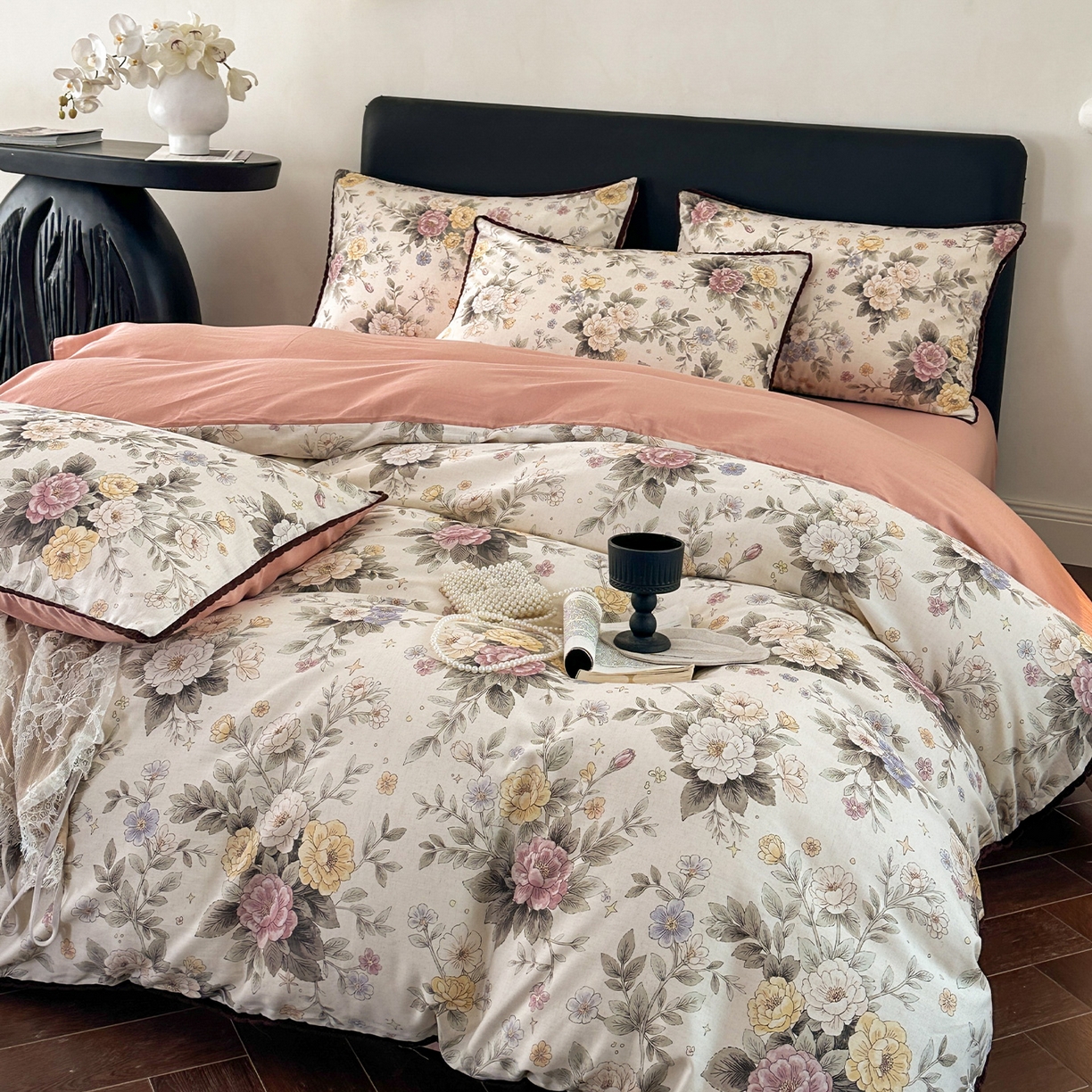 91家纺网 家纺一手货源 找家纺 （总）蓝邻家纺 2026年新款全棉纯棉棉麻法式复古田园风工艺款四件套系列-场景一