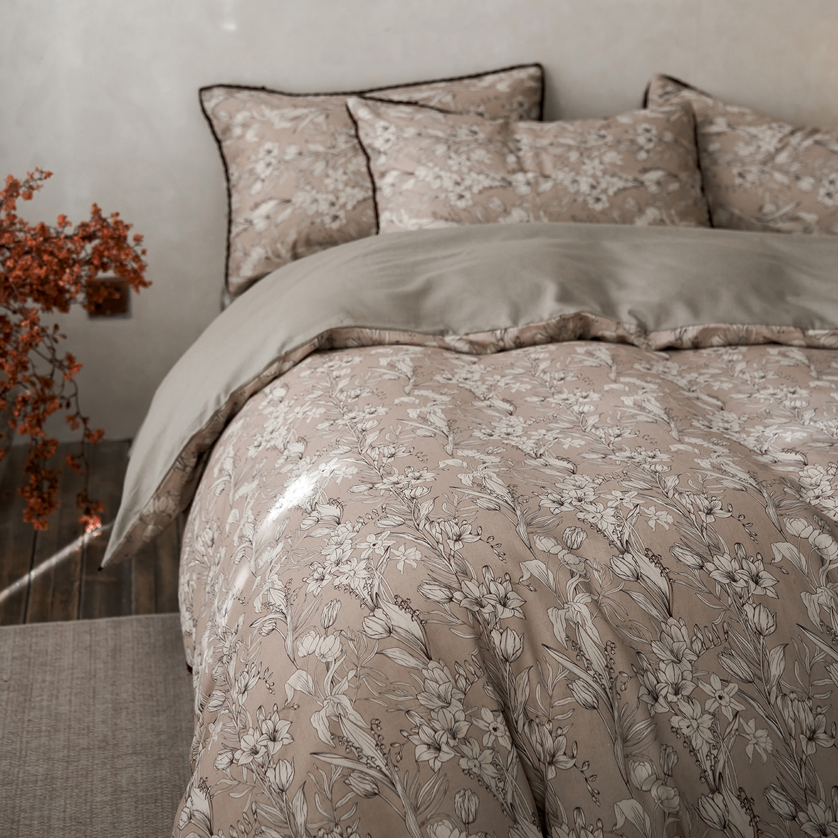 91家纺网 家纺一手货源 找家纺 （总）蓝邻家纺 2026年新款全棉纯棉棉麻法式复古田园风工艺款四件套系列-场景二